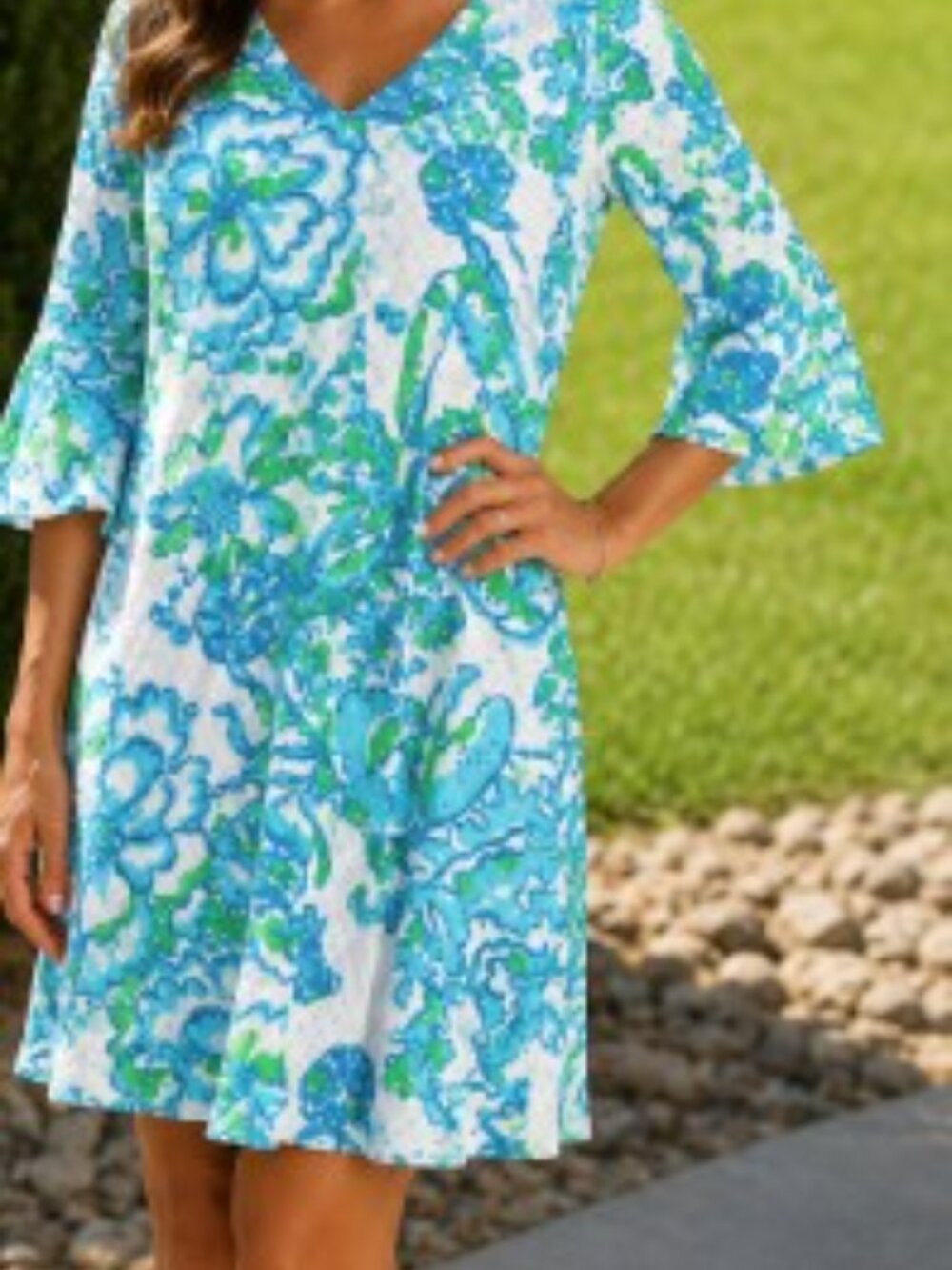 Lilly Pulitzer Blue Green Floral Shift Dress Size Small 3/4 Sleeve Textured